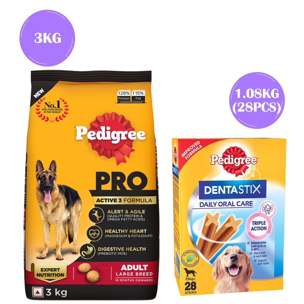 Pedigree PRO Expert Nutrition Active Adult (18 Months Onwards) Large Breed Dry Food and Dentastix Oral Care for Adult (Large Breed of 25 kg+) Treats Combo for Dogs