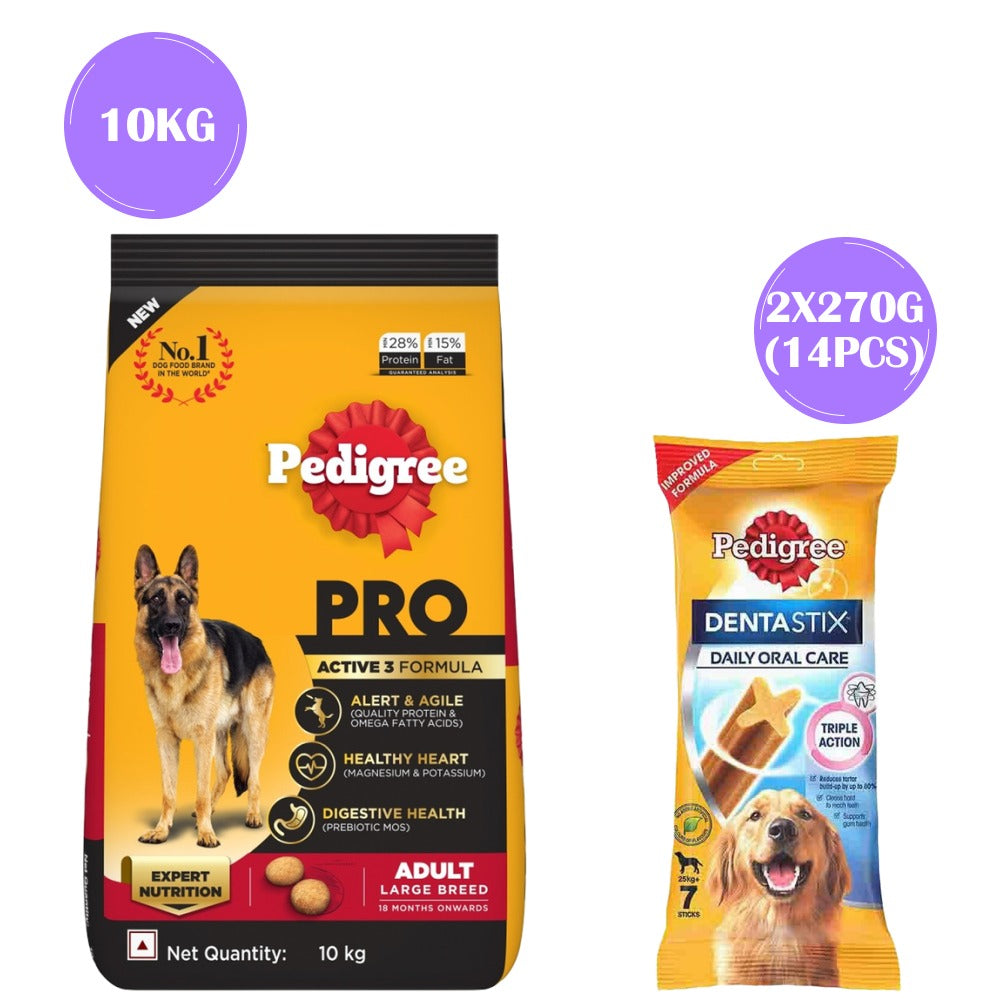 Pedigree PRO Expert Nutrition Active Adult (18 Months Onwards) Large Breed Dry Food and Dentastix Oral Care for Adult (Large Breed of 25 kg+) Treats Combo for Dogs