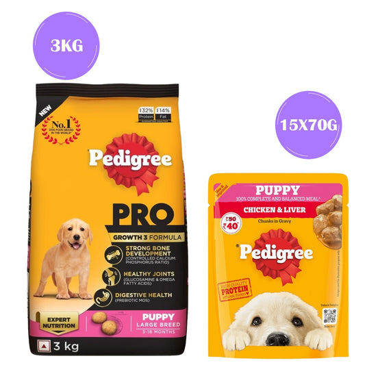 Pedigree PRO Expert Nutrition for Large Breed Puppy (3 to 18 Months) Dry Food and Pedigree Chicken & Liver Chunks in Gravy Puppy Wet Food Combo for Dogs