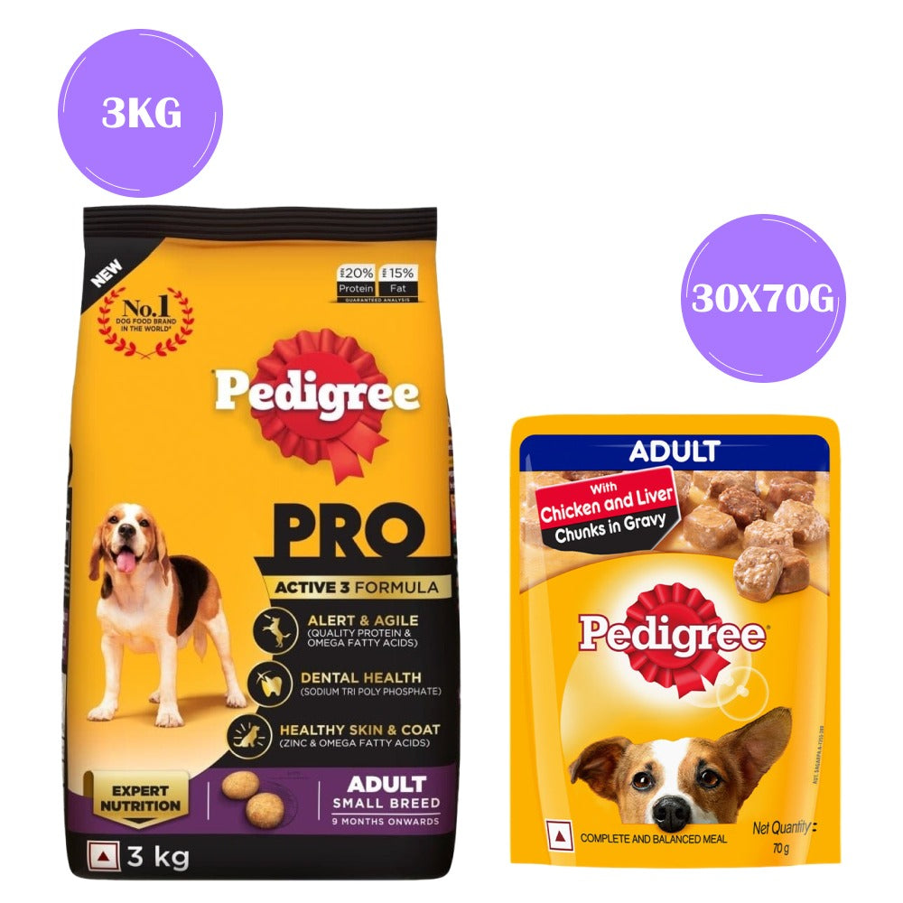 Pedigree PRO Expert Nutrition Adult Dry Food for Small Breed and Chicken and Liver Chunks in Gravy Adult Wet Food Combo for Dogs