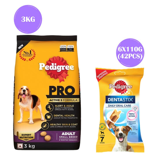 Pedigree PRO Expert Nutrition Adult Dry Food for Small Breed and Pedigree Dentastix Oral Care for Adult (Small Breed of 5 to 10 kg) Treats Combo for Dogs