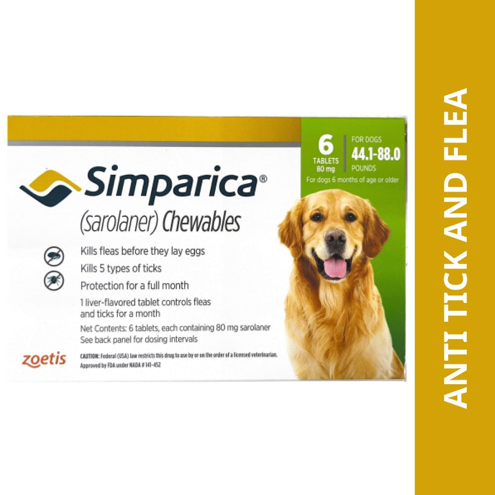 Zoetis Simparica Tick and Flea Control Tablet for Dogs(pack of 6 tablets)