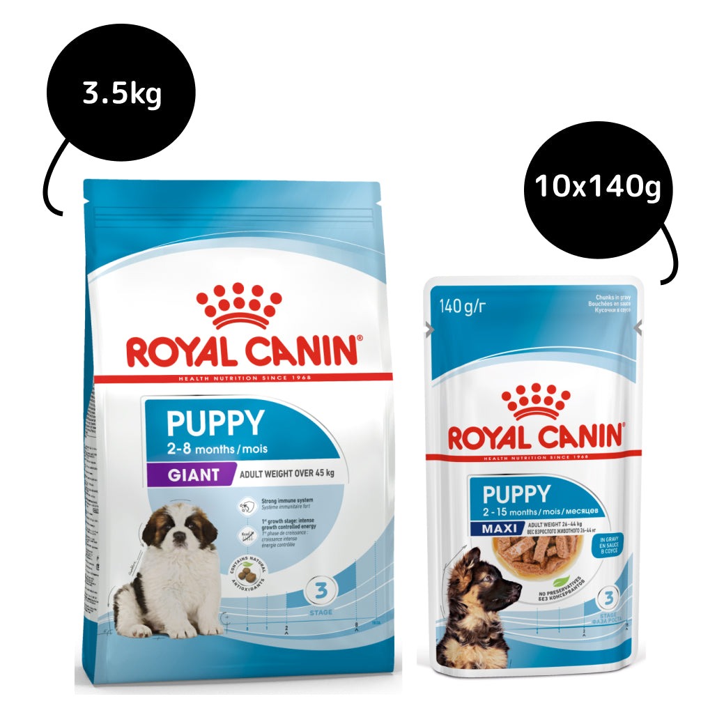 Royal Canin Giant Puppy Dry Food and Maxi Puppy Dog Wet Food Combo