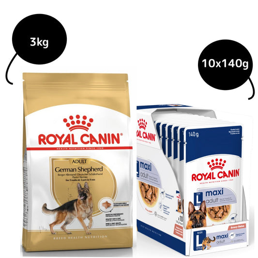 Royal Canin German Shepherd Dry Food and Maxi Adult Dog Wet Food Combo