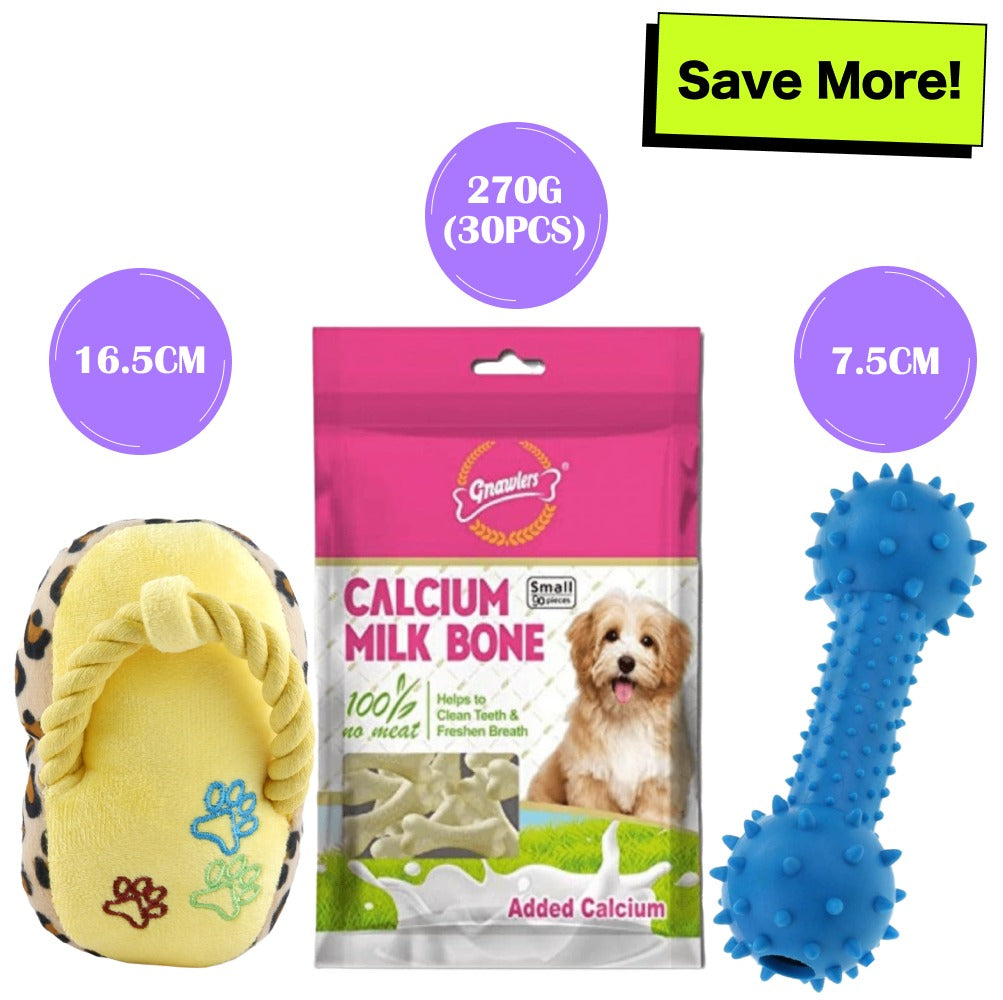 Pet Vogue Bone Shaped Rubber Chew Toy, Sandal Shaped Yellow Plush Toy & Gnawlers Calcium Milk Bone Dog Treats Combo for Dogs