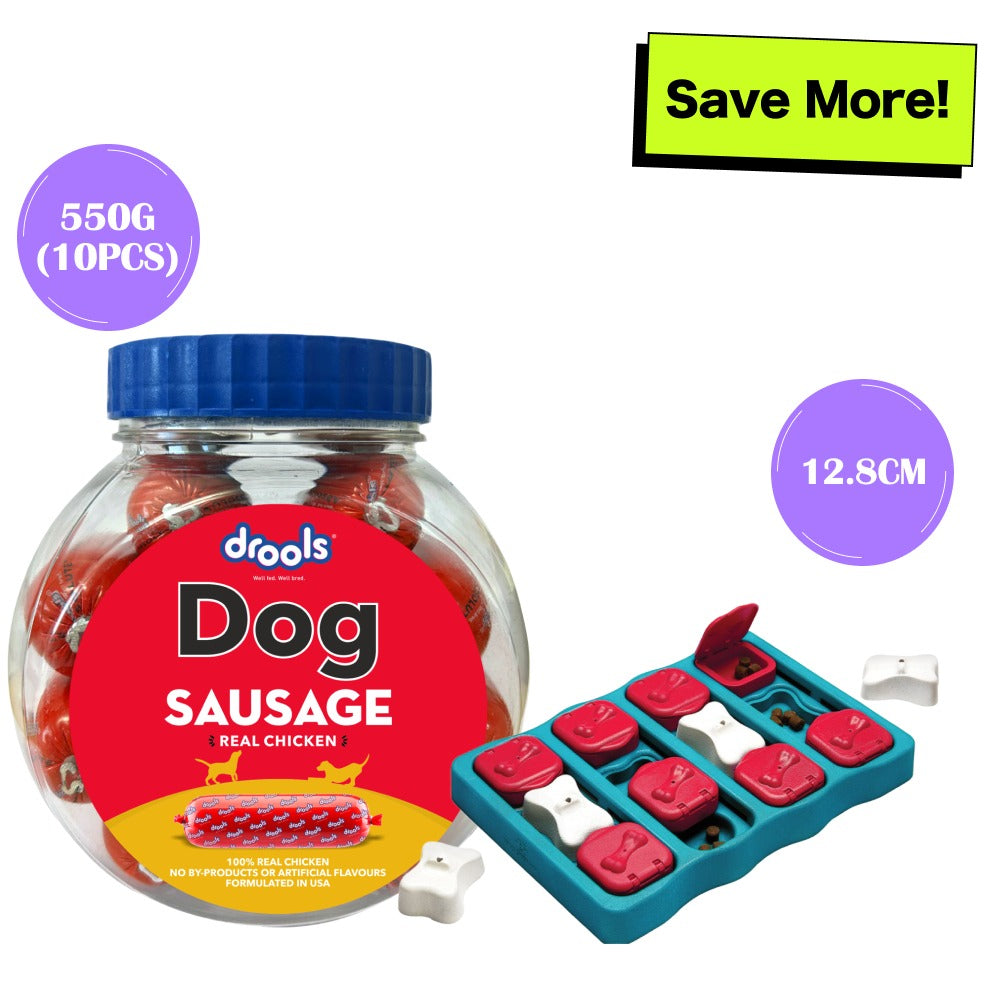 Drools Real Chicken Sausage Treats & Outward Hound Nina Ottosson Brick Game (Blue Level 2) Combo for Dogs