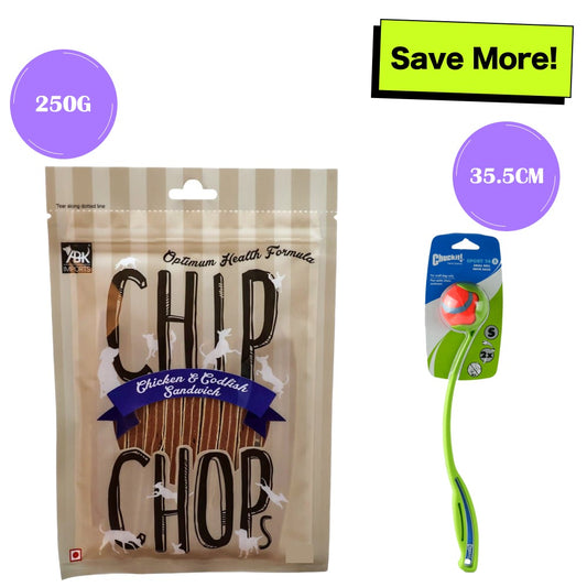 Chip Chops Chicken & Codfish Sandwich Treats & Chuckit! Sport 14 S Ball Launcher Toy Combo for Dogs