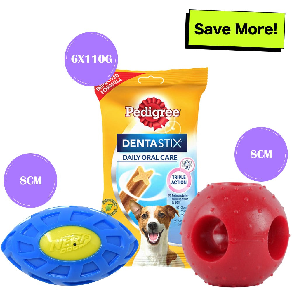 Pedigree Dentastix Oral Care Adult Treats, Nerf Bash EXO Micro Squeak Football Toy and Drools Non Toxic Rubber Hole Ball Teething Toy for Dogs Combo