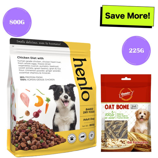 Henlo Baked Adult Dry Food and Gnawlers Oat Bone Dog Treats Combo