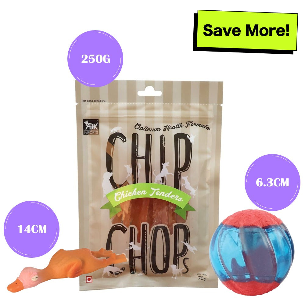 Chip Chops Chicken Tenders Treats, Trixie Duck Latex Toy and Zeus Squeaker & Glow DUO Ball for Dogs Combo