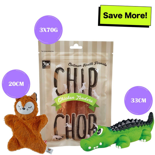 Chip Chops Chicken Tenders Treats, Trixie Crocodile Latex Toy and Fofos Glove Plush Fox Toy for Dogs Combo