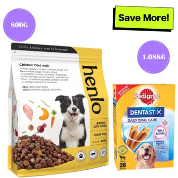 Henlo Baked Adult Dry Food and Pedigree Dentastix Oral Care for Adult Dog Treats Combo