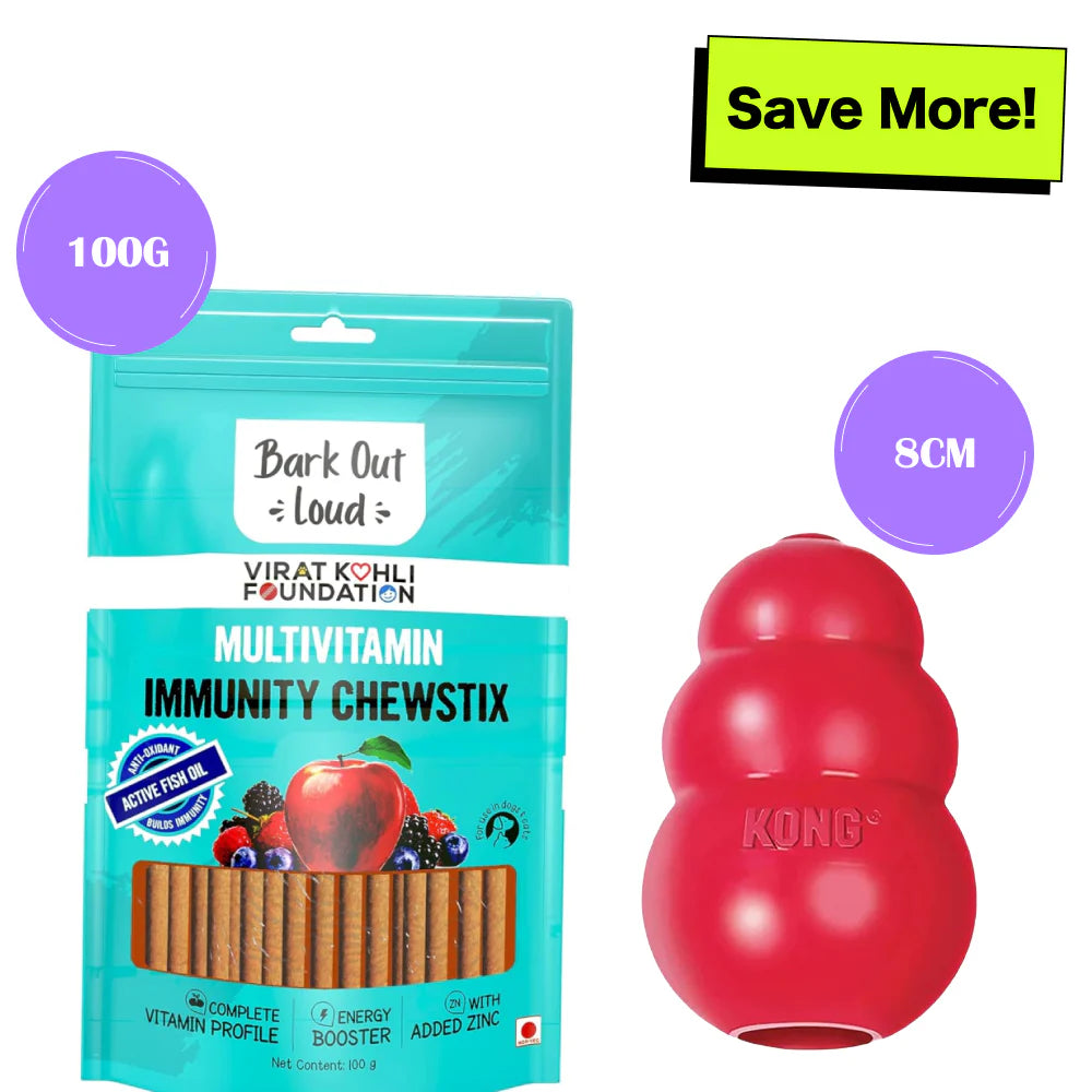 Bark Out Loud Immunity Multi Vitamin Chew Stix and Kong Classic Toy for Dogs and Cats Combo