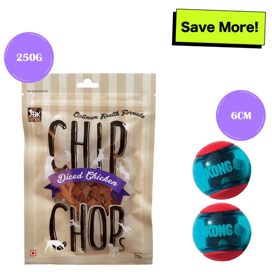 Chip Chops Diced Chicken Treats and Kong Squeezz Action Ball Toy for Dogs Combo