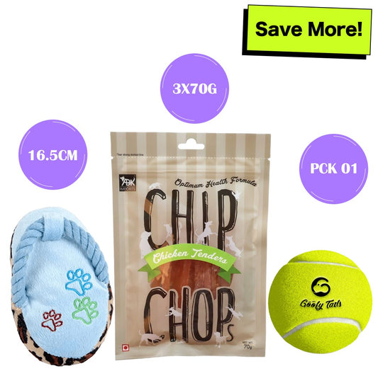 Chip Chops Chicken Tenders Dog Treats, Pet Vogue Blue Sandal Shaped Plush Toy & Goofy Tails Green Sport Tennis Ball Toy Combo for Dogs