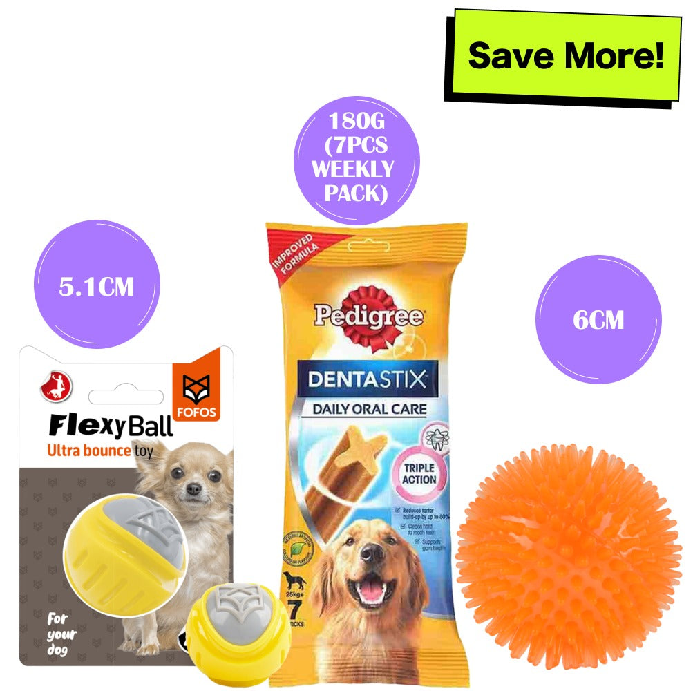 Pedigree Dentastix Oral Care Treats for Adult Medium Breeds (10-25 kg), Fofos Flexy yellow & grey Ultra Bounce Ball Toy & Basil Squeaky Orange Rubber Ball Toy Combo for Dogs