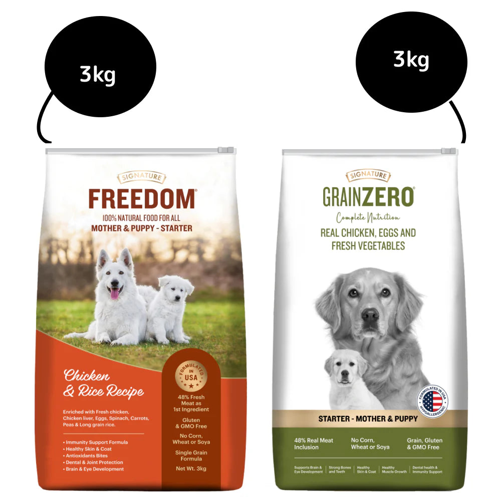 Signature Freedom Chicken and Rice and Grain Zero Real Chicken, Egg and Vegetables Mother and Puppy Starter Dog Dry Food Combo