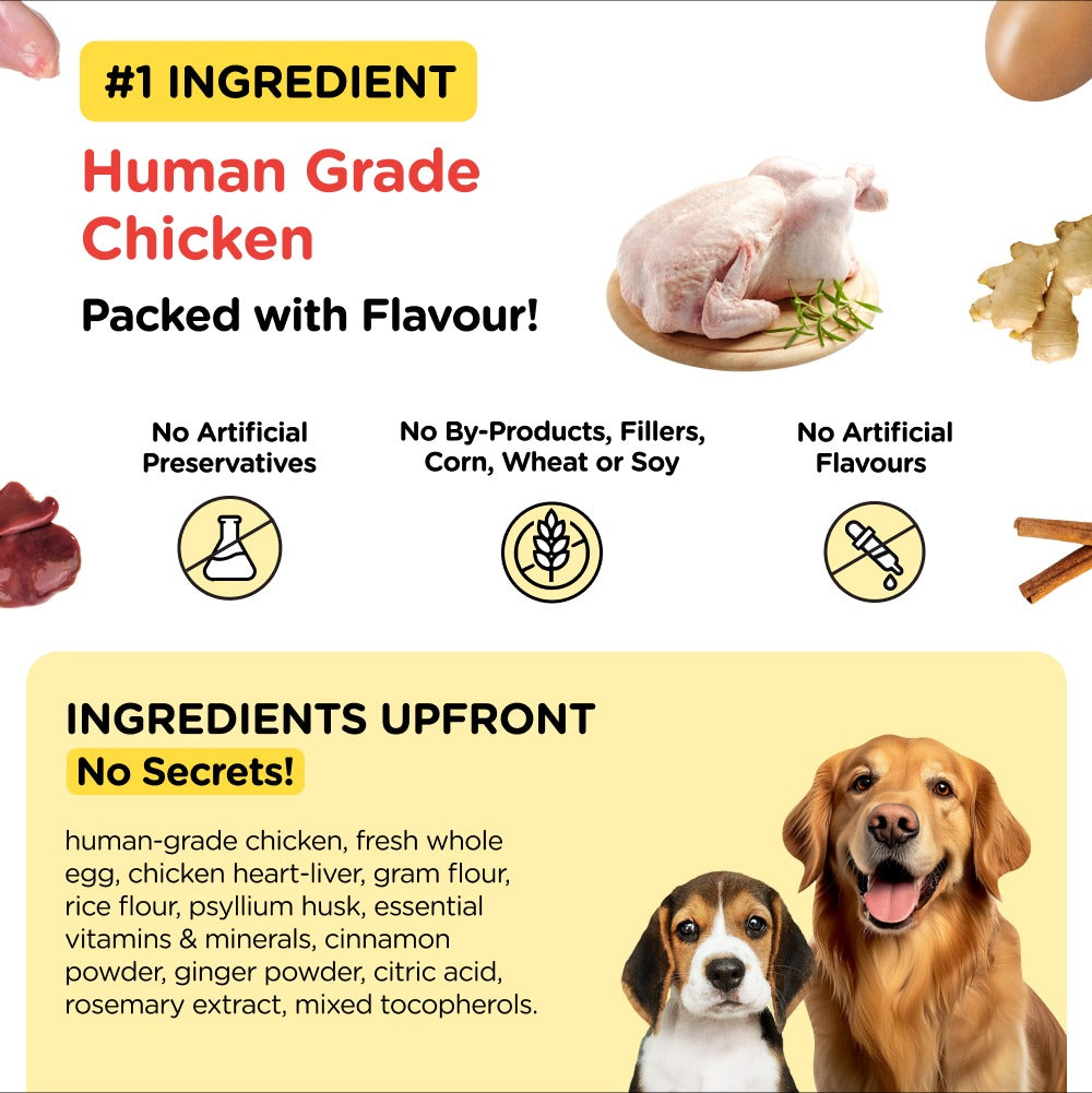 Henlo Chicken and Egg Baked Dry Food for Adult Dogs & Puppies and Pedigree Dentastix Oral Care (Large Breed) Dog Treats Combo