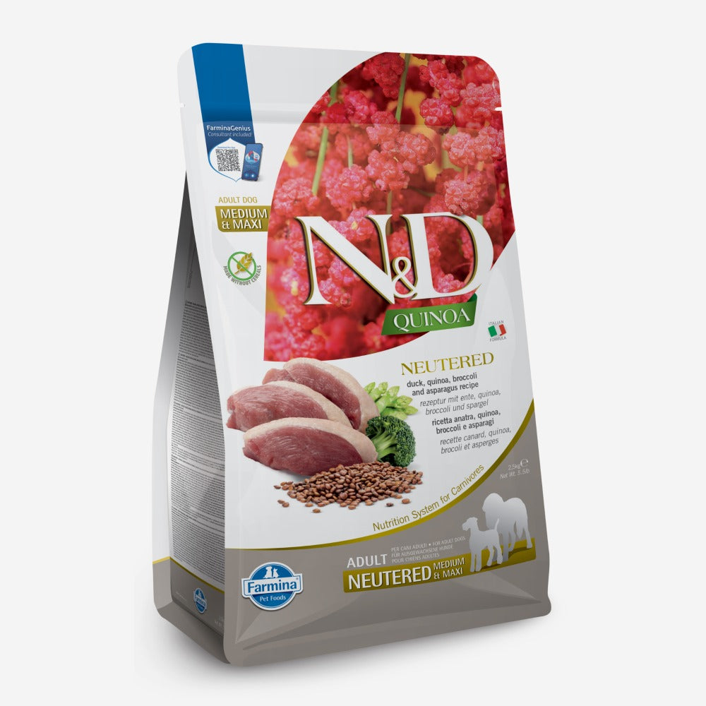 Farmina N&D Neutered Quinoa Duck, Broccoli & Asparagus Adult Medium Maxi Dog Dry Food