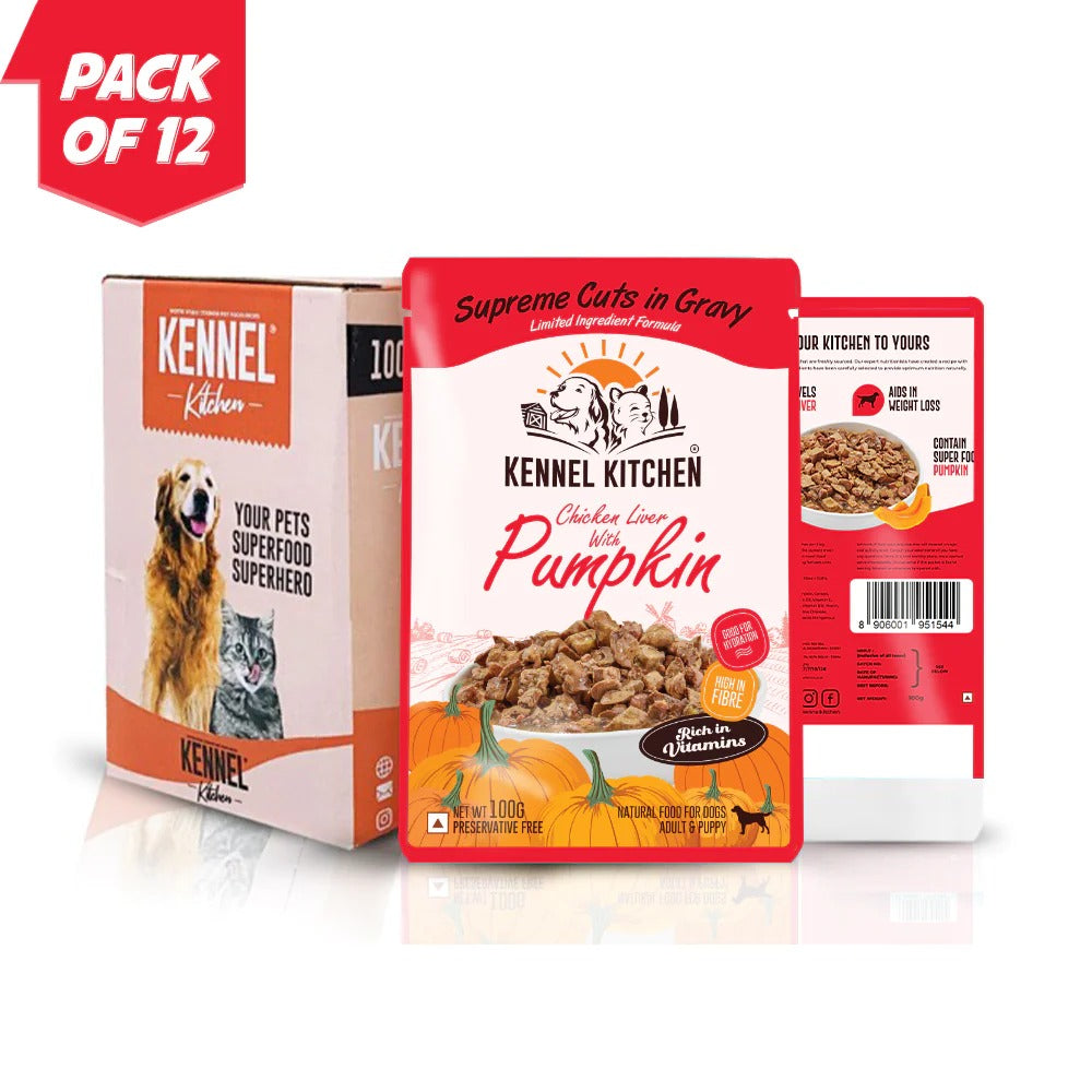 Carniwel Fresh Chicken Kibble Small Breed Dry Food and Kennel Kitchen Supreme Cuts in Gravy Chicken Liver Recipe with Pumpkin Dog Wet Food Combo